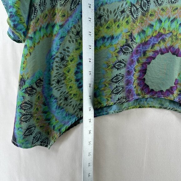 Tianello Blouse Womens M Boho Tunic Silk Printed Kimono Sleeve Asymmetric Green - Picture 11 of 11